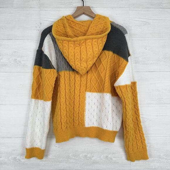 POL Chunky Cable Knit Colorblock Sweater Women S Hooded Yellow White Spring Twee - Picture 6 of 13